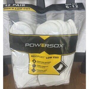 Powersox AllSport Men's Low Cut Socks 12 Pair White Size 6-12 NEW